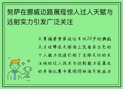 努萨在挪威边路展现惊人过人天赋与远射实力引发广泛关注